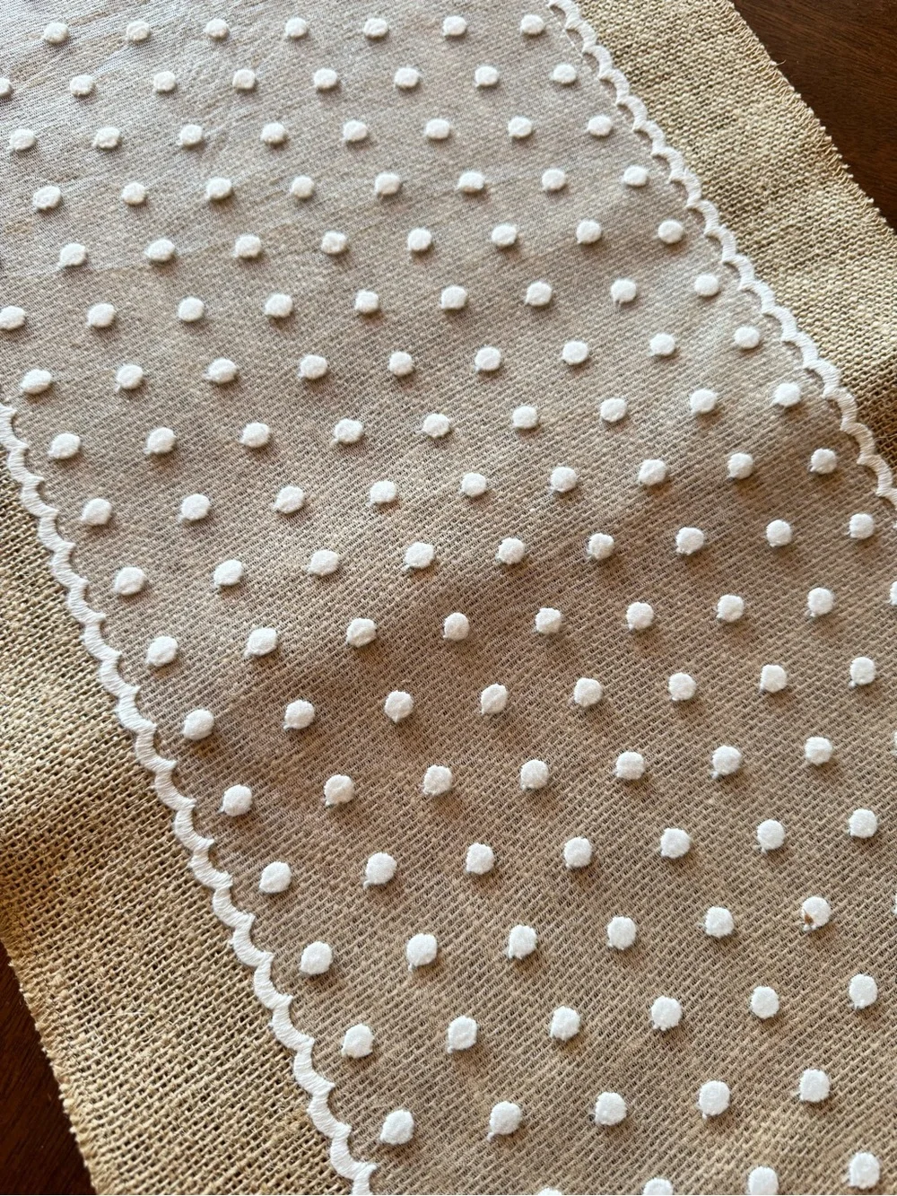 Long Burlap Table Runner White Lace Polka Dots 144” Farmhouse Entertaining